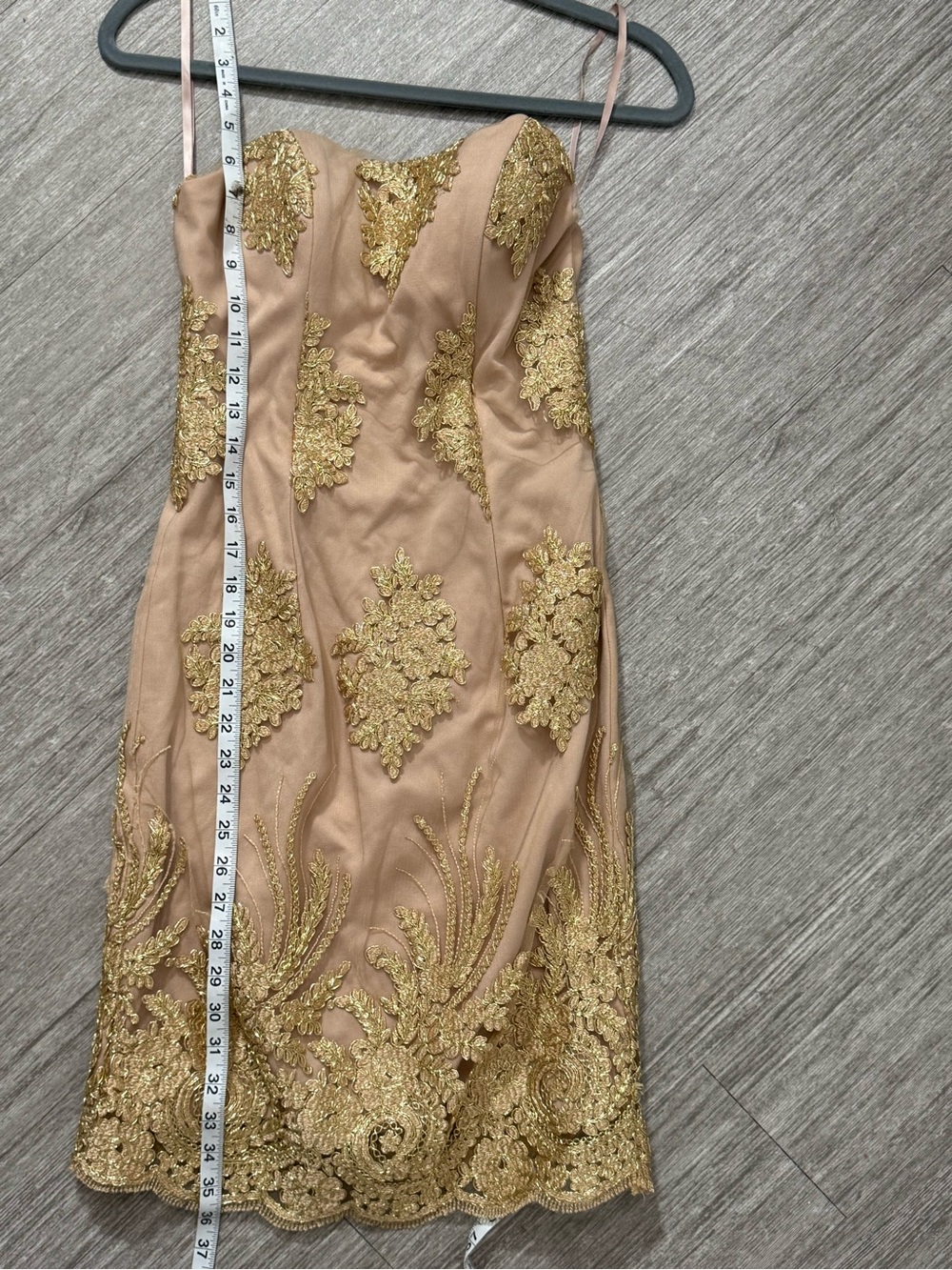 Camille La Vie Gold Lace Embroidered Strapless Cocktail Dress Size 2 Nude Mini - Picture 3 of 6